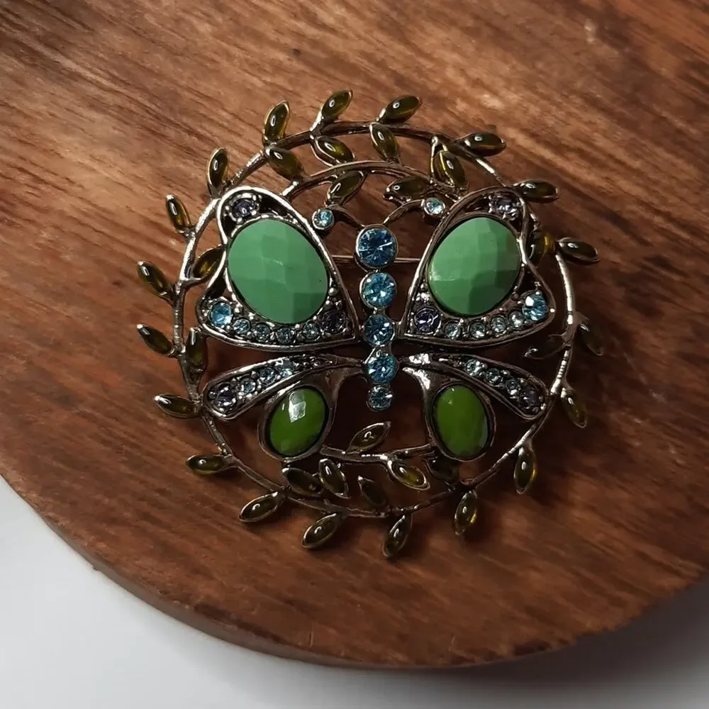 Round Butterfly Brooch Pin Green Blue Embellished